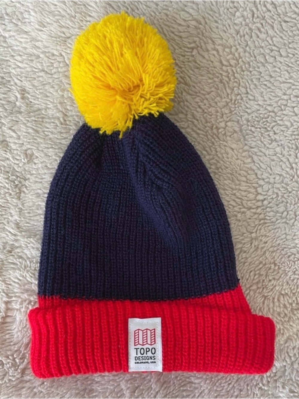 Topo Designs Beanie in Navy, Red & Yellow - Never Worn